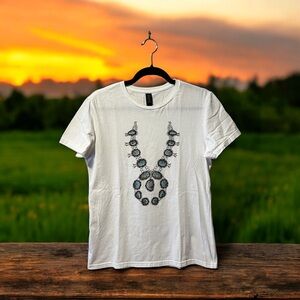 Gildan Softstyle White Graphic T-Shirt with Blue & Brown Rock Necklace Screen